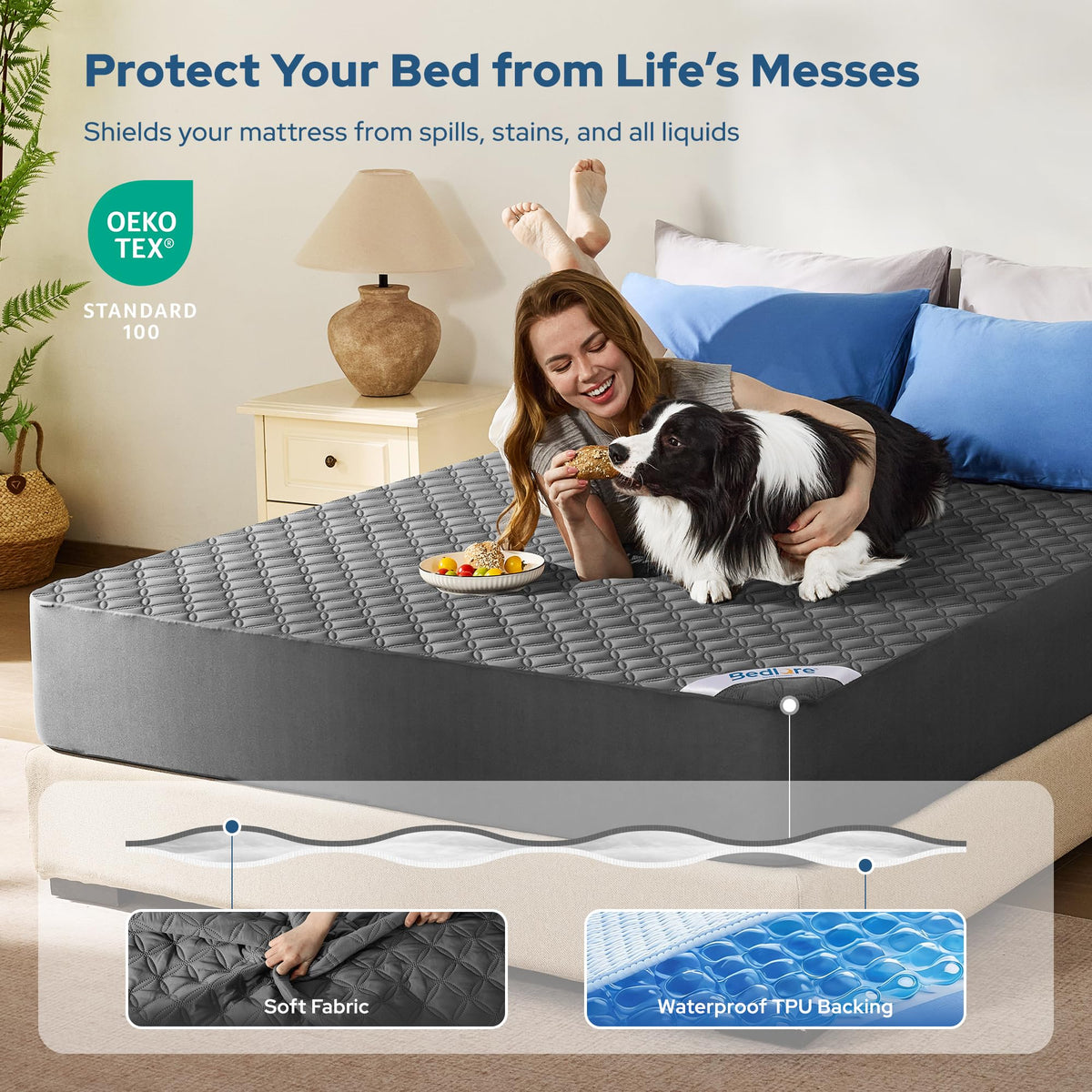 Waterproof Noiseless Mattress Protector, Queen, Grey