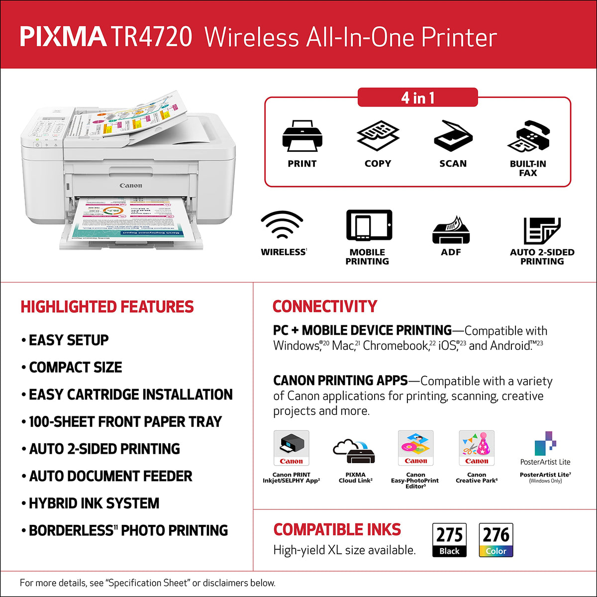 Canon PIXMA TR4720 All-in-One Wireless Printer, White