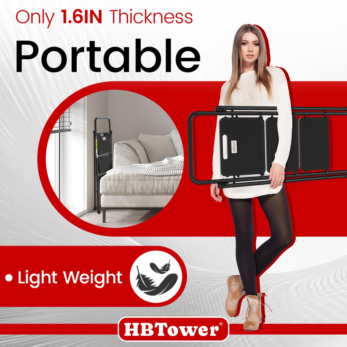 HBTower 3 Step Folding Steel Ladder, 500 lb, Black