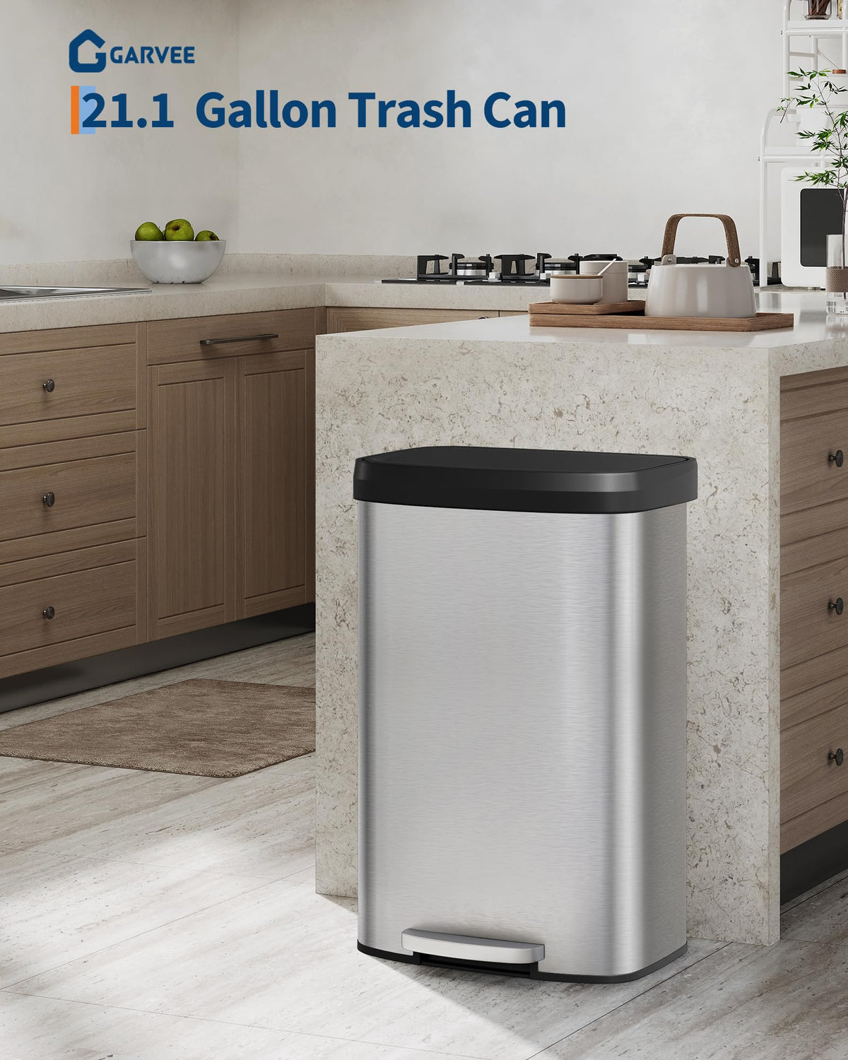 Garvee Stainless Steel Step Trash Can, Silver, 80 L / 21 Gal