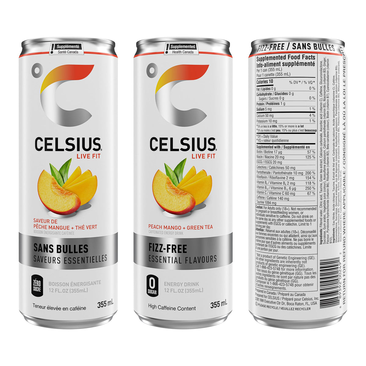 Celsius Fizz Free Peach Mango Energy Drink, 335 mL, 12 Pack