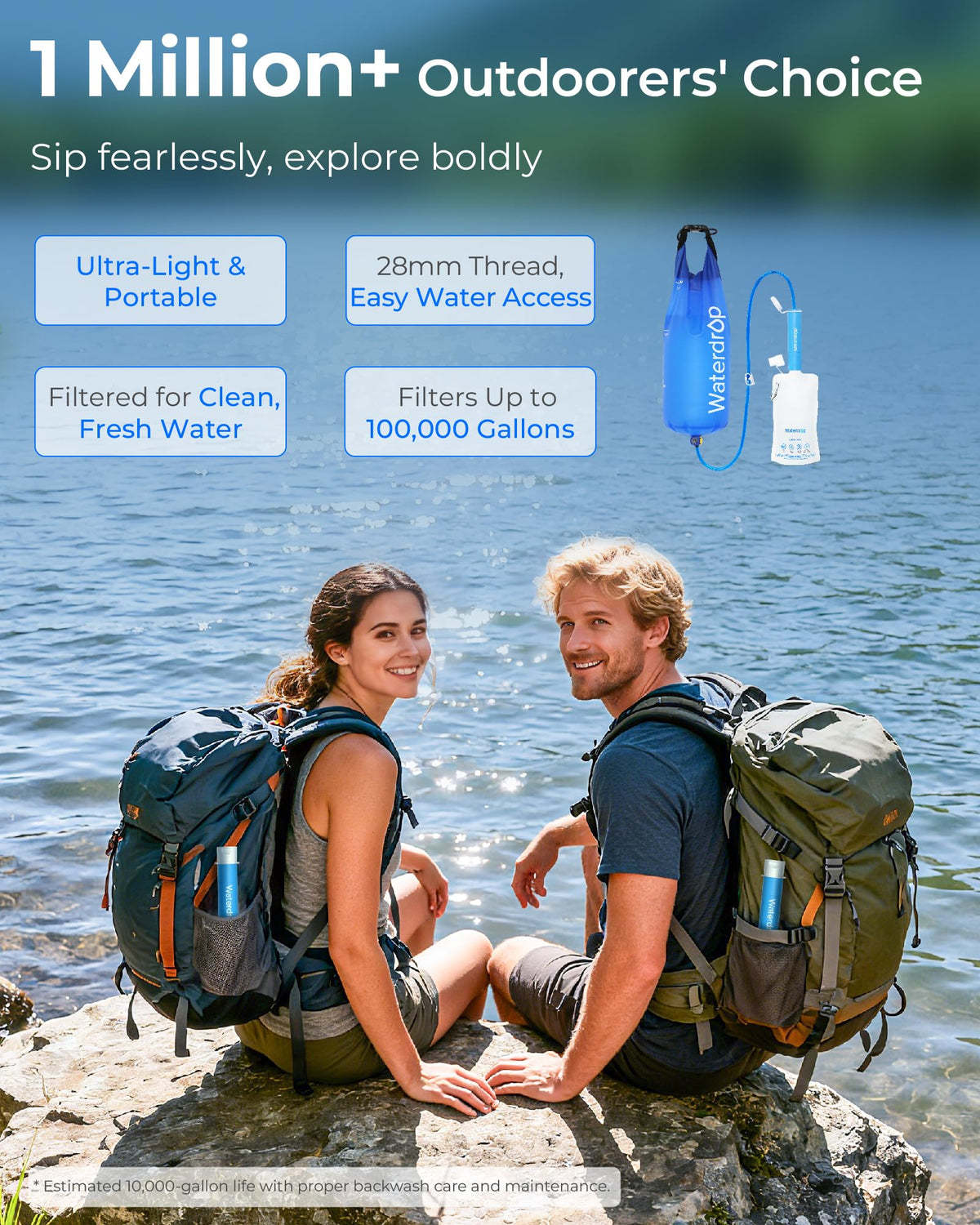 Waterdrop Gravity Water Filter Straw with 1.5 Gal Bag