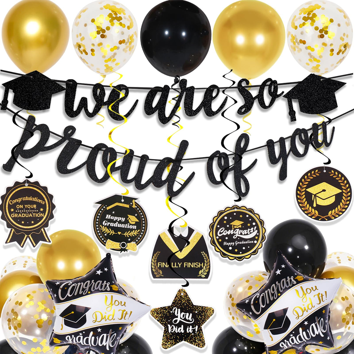 Graduation Decorations Banner, Balloons and Hanging Swirls