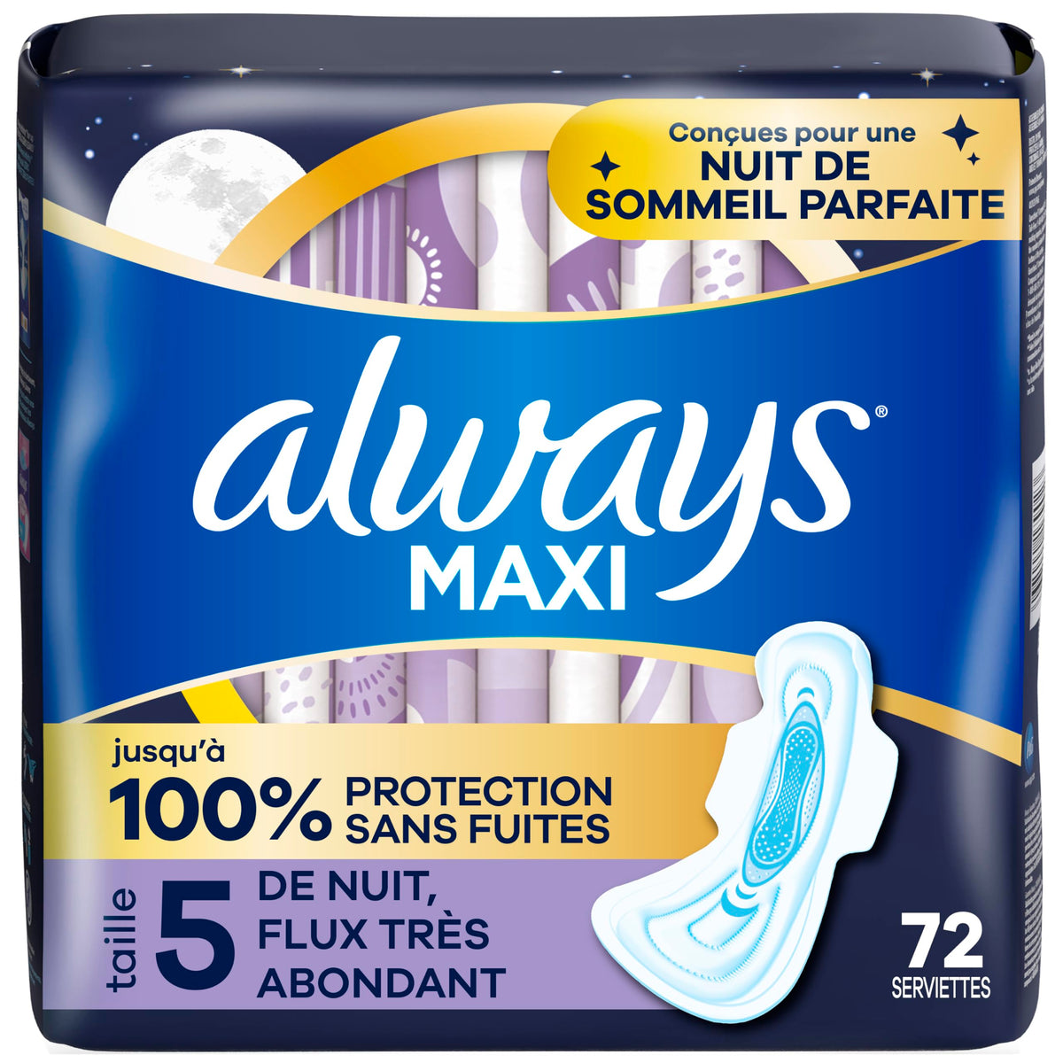 Always Maxi Overnight Pads, Size 5, Extra Heavy, Unscented, 72 Count