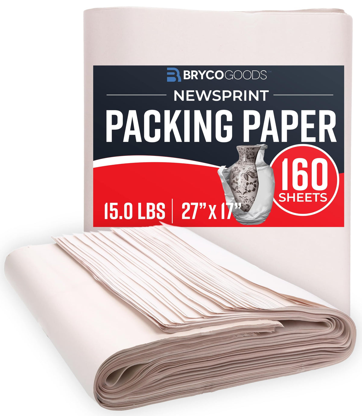 Bryco Goods Newsprint Packing Paper, 5lb, 160 Sheets, 27" x 17"