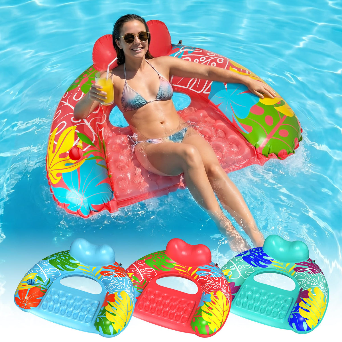 SEETOHOME Inflatable Pool Float Chairs with Cup Holder (3 Pack)