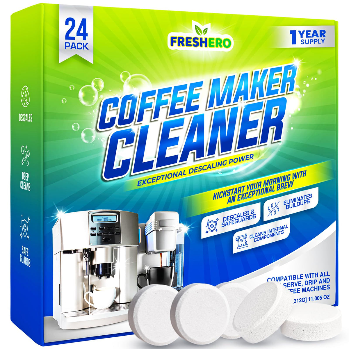 Freshero Coffee Machine Cleaner and Descaler Tablets, 24 Count