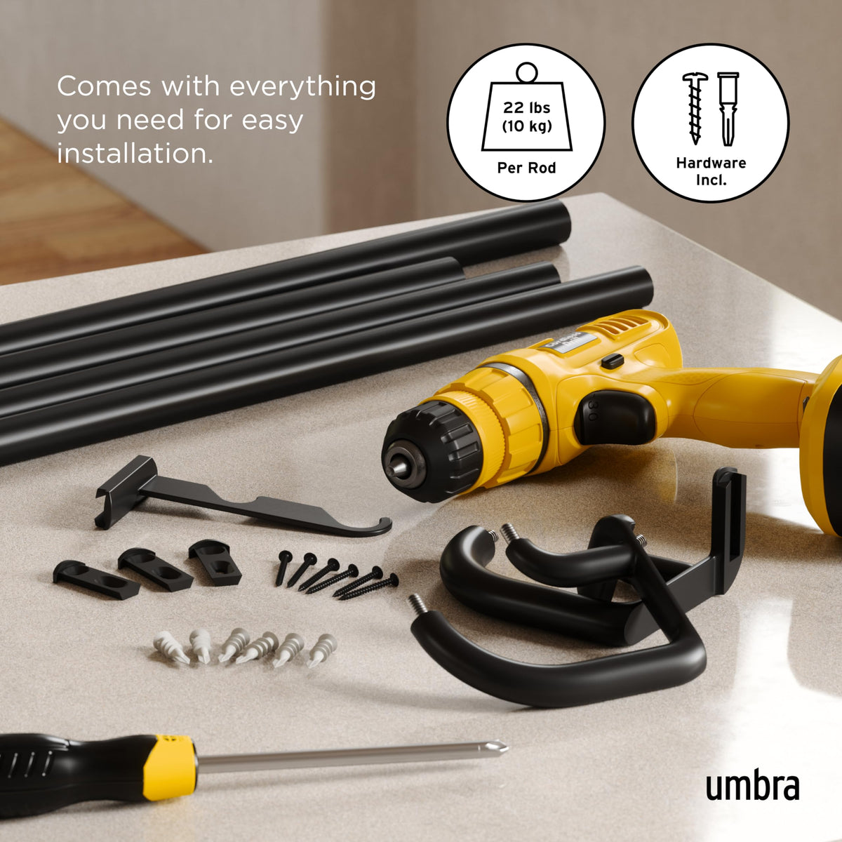 Umbra Twilight Double Curtain Rod Set, 30 to 84 Inches, Black