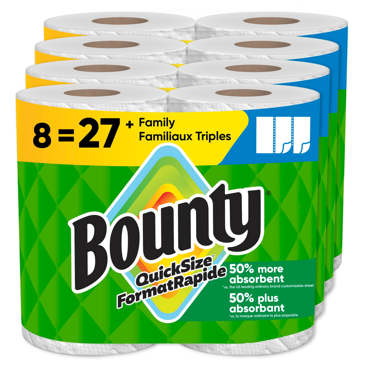 Bounty Quick Size Paper Towels, White, 8 Family Triple Rolls