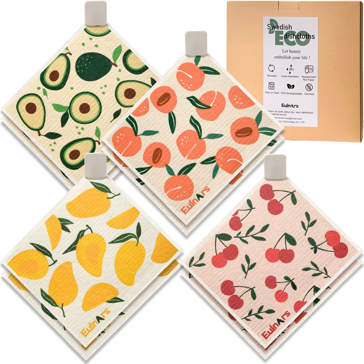 Eulnars Swedish Dish Cloths, 8 Pack, with 3 Clips