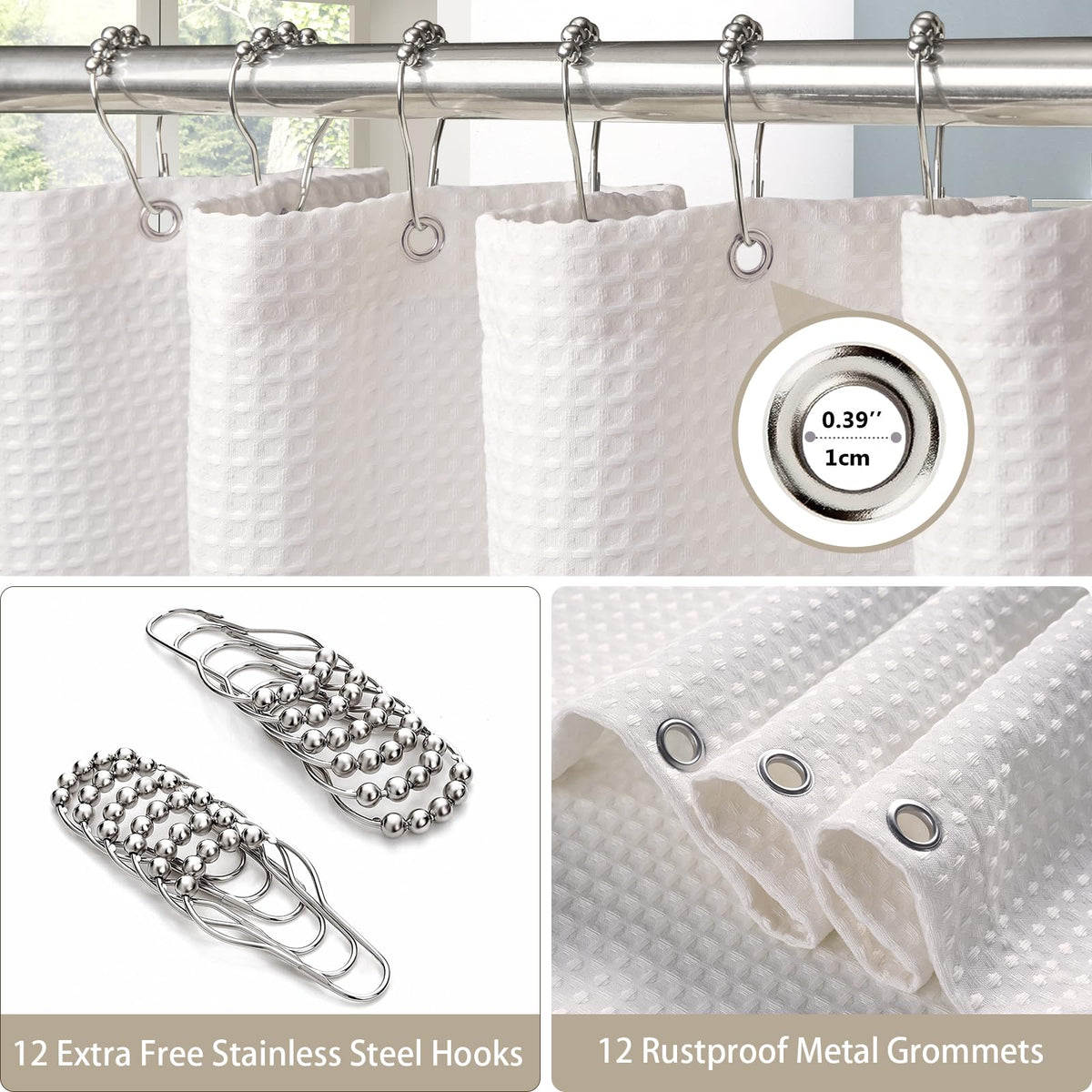 Waffle Weave Fabric Shower Curtain with Hooks, 72" x 72", White