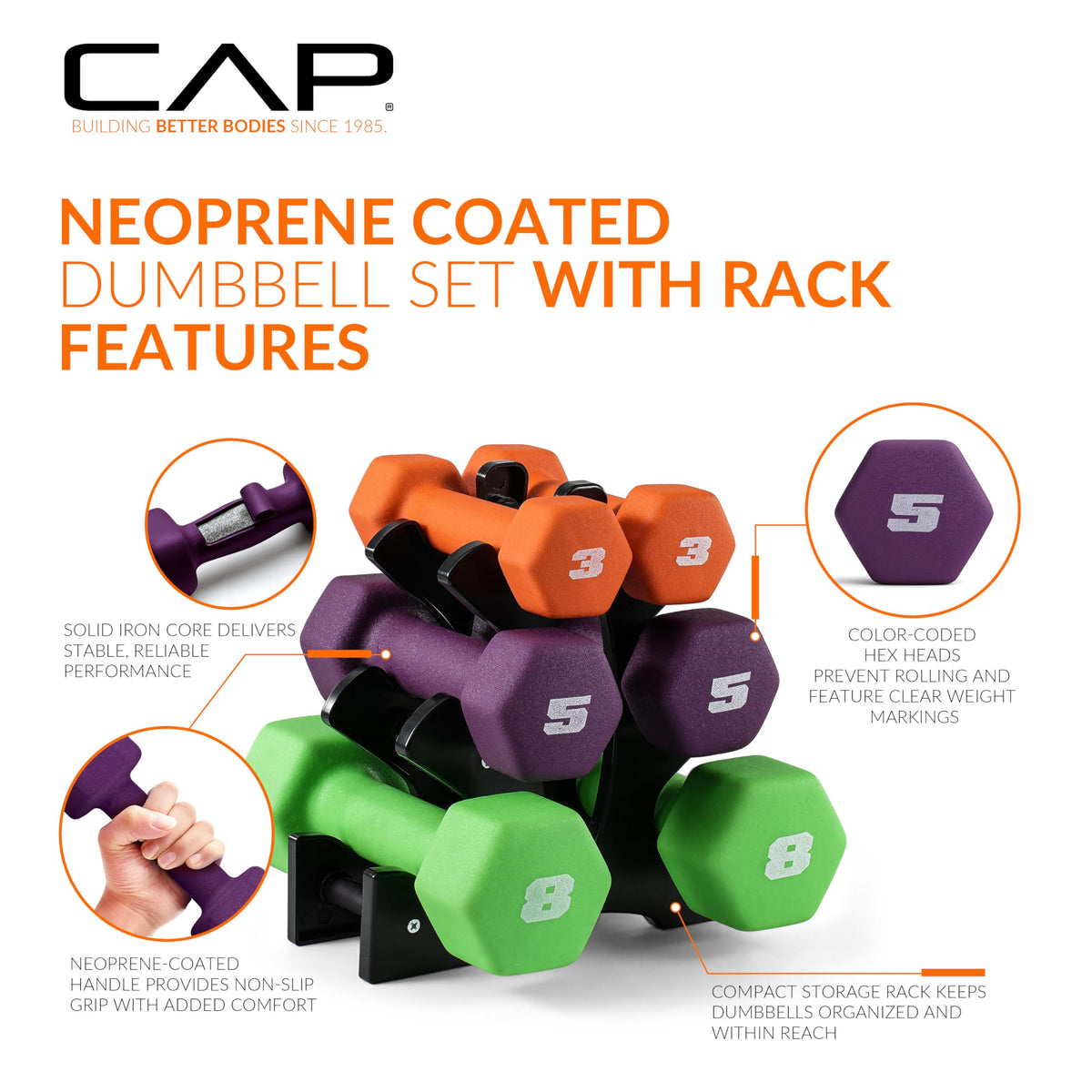 CAP Barbell 20 lb Neoprene Dumbbell Set with Rack, 2, 3, 5 lb Pairs