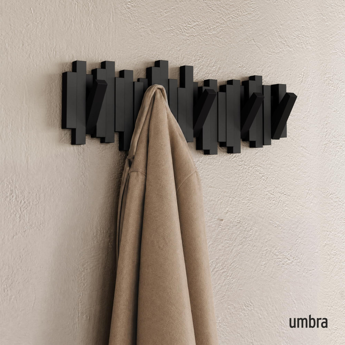 Umbra Sticks Wall-Mounted Coat Rack with 5 Retractable Pegs, Black