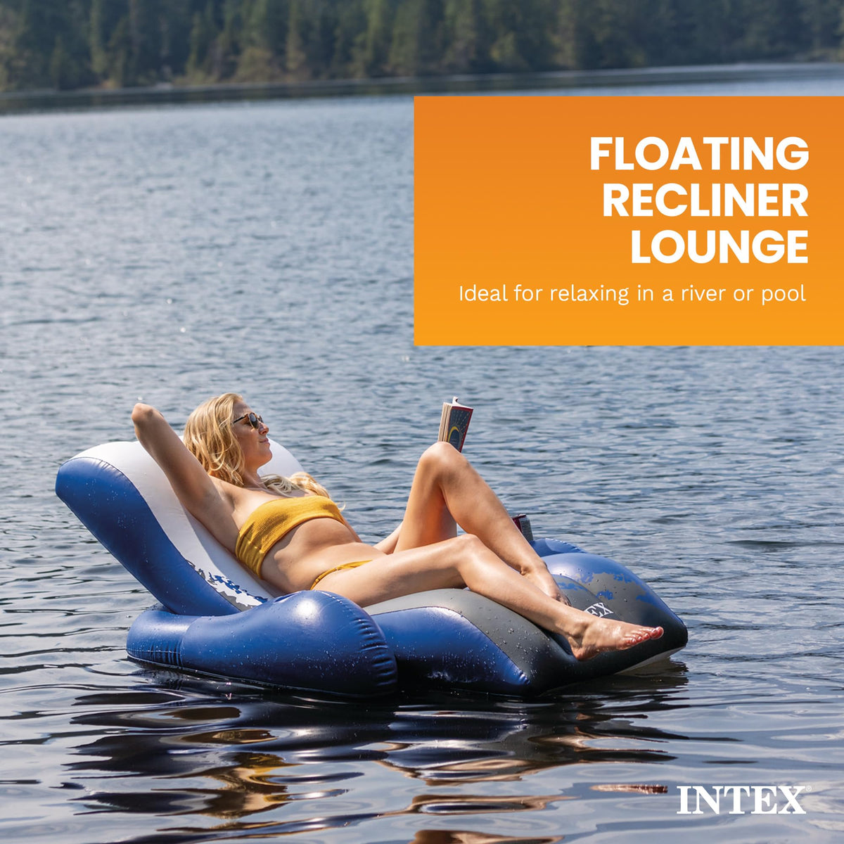 Intex Floating Recliner Inflatable Lounge, 71 x 53 Inch, Blue, 58868EP