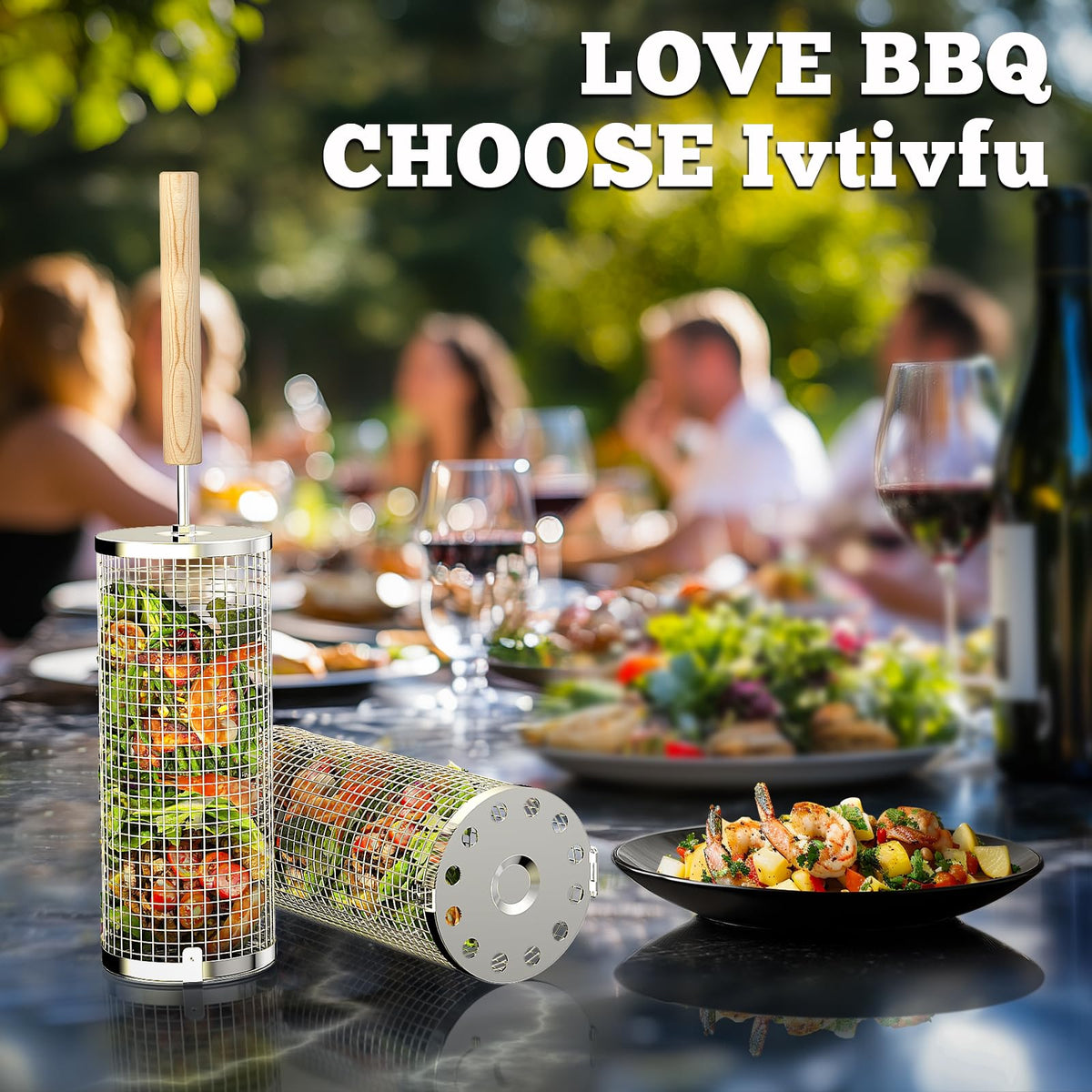 ivtivfu Stainless Steel Rolling Grill Basket with Wooden Handle