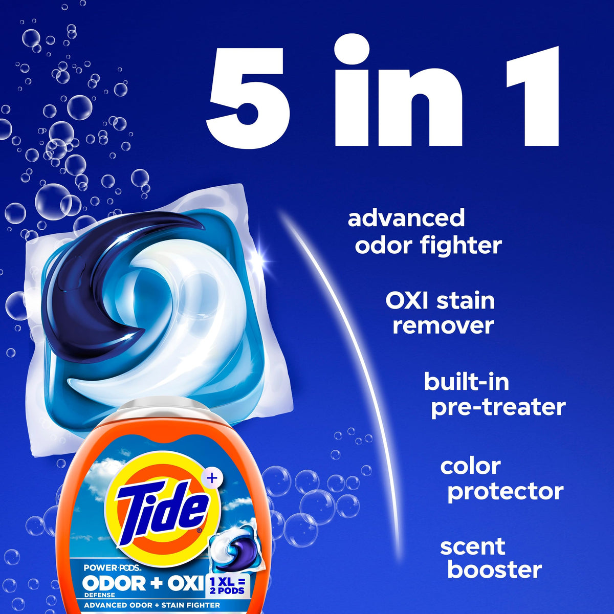 Tide Odour + Oxi Laundry Detergent Pacs, Original Scent, 63 Count