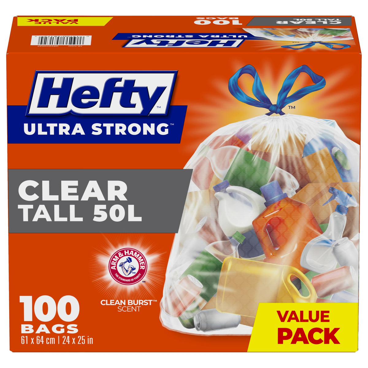 Hefty Ultra Strong Clear Drawstring Garbage Bags, 50 L (100 Count)