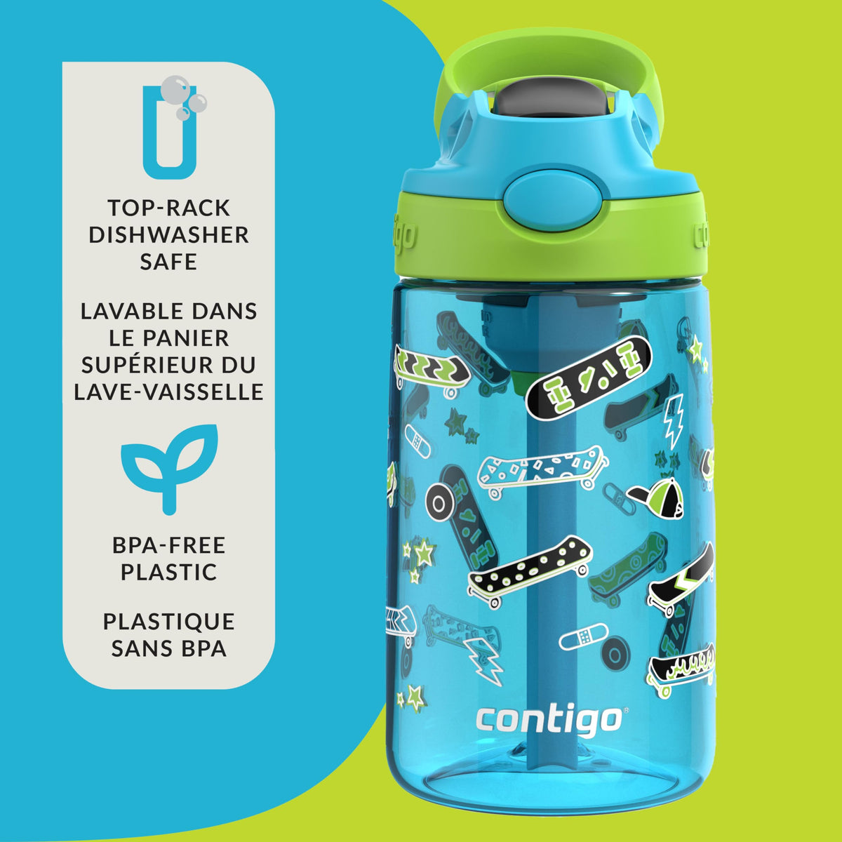Contigo Kids Aubrey Water Bottle, 14 oz, Blue Raspberry Lime