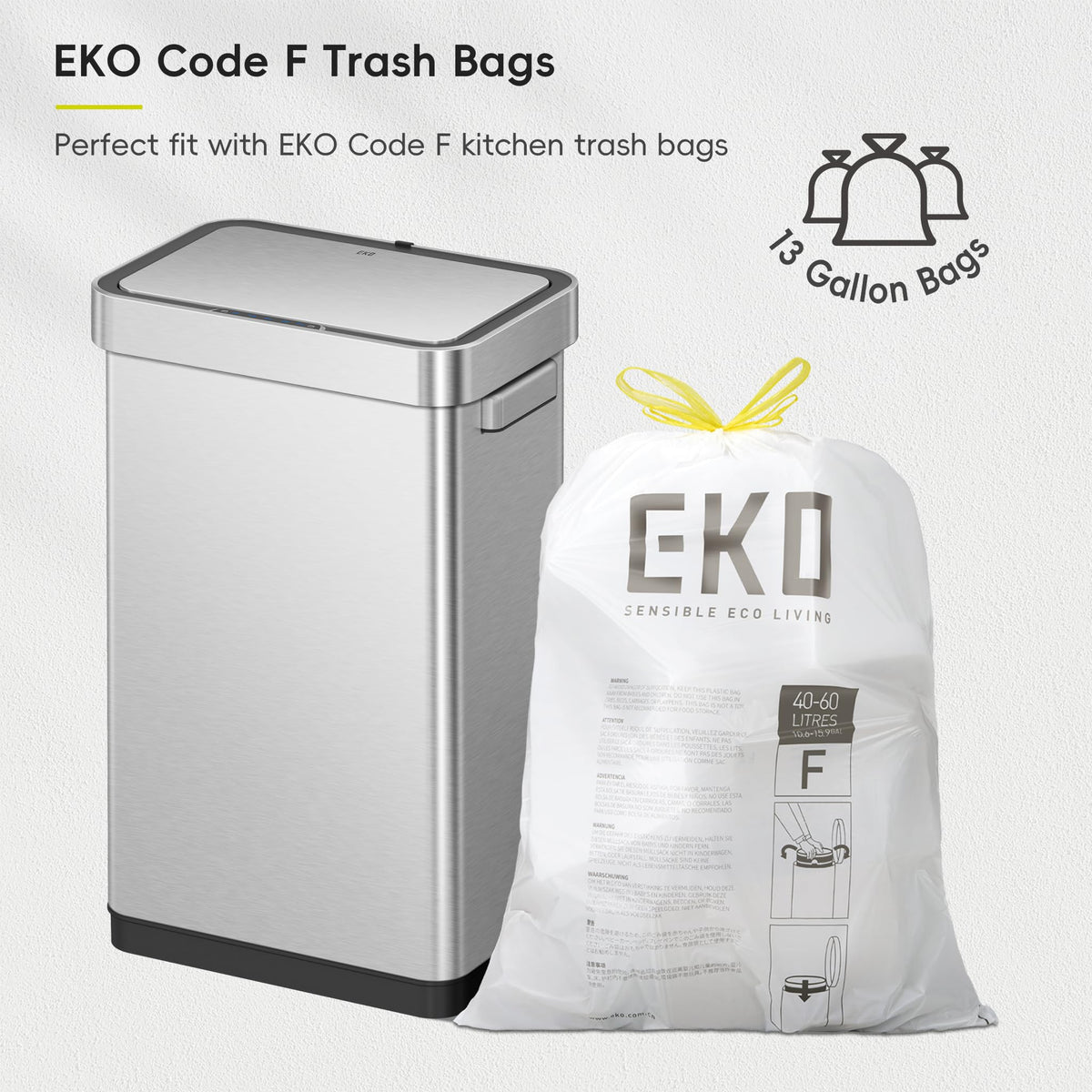 EKO Deluxe Mirage-T Touchless Trash Can, 50L, Matte Stainless Steel