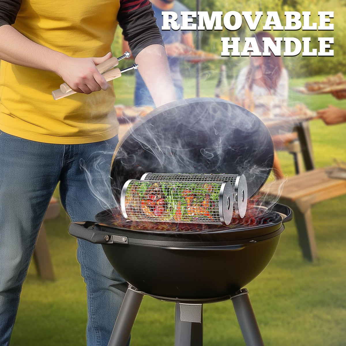 ivtivfu Stainless Steel Rolling Grill Basket with Wooden Handle