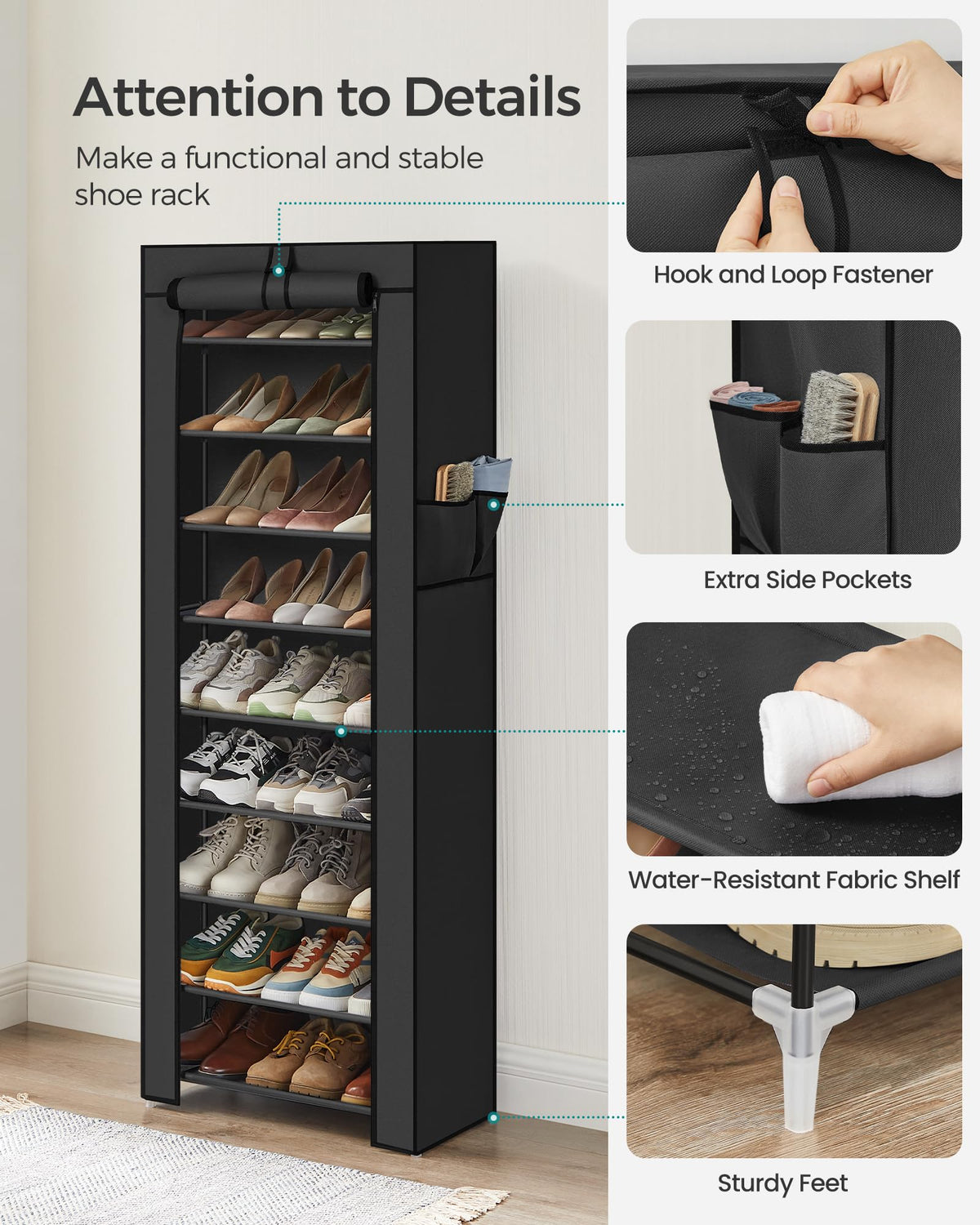 Songmics 10-Tier Shoe Rack, Black, URXJ10H01