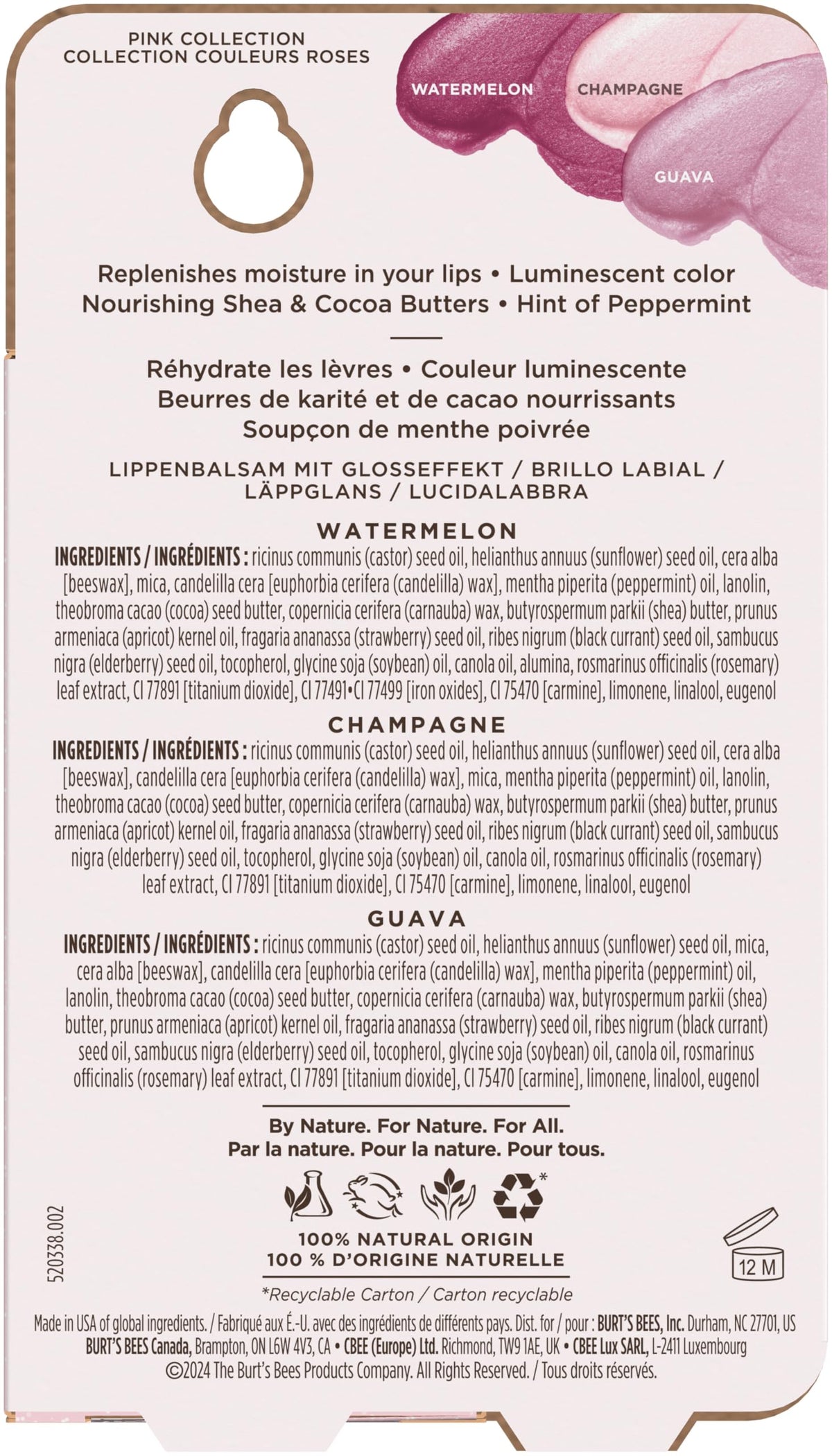 Burt's Bees Lip Shimmer, Champagne, Watermelon, Guava, 3 Pack