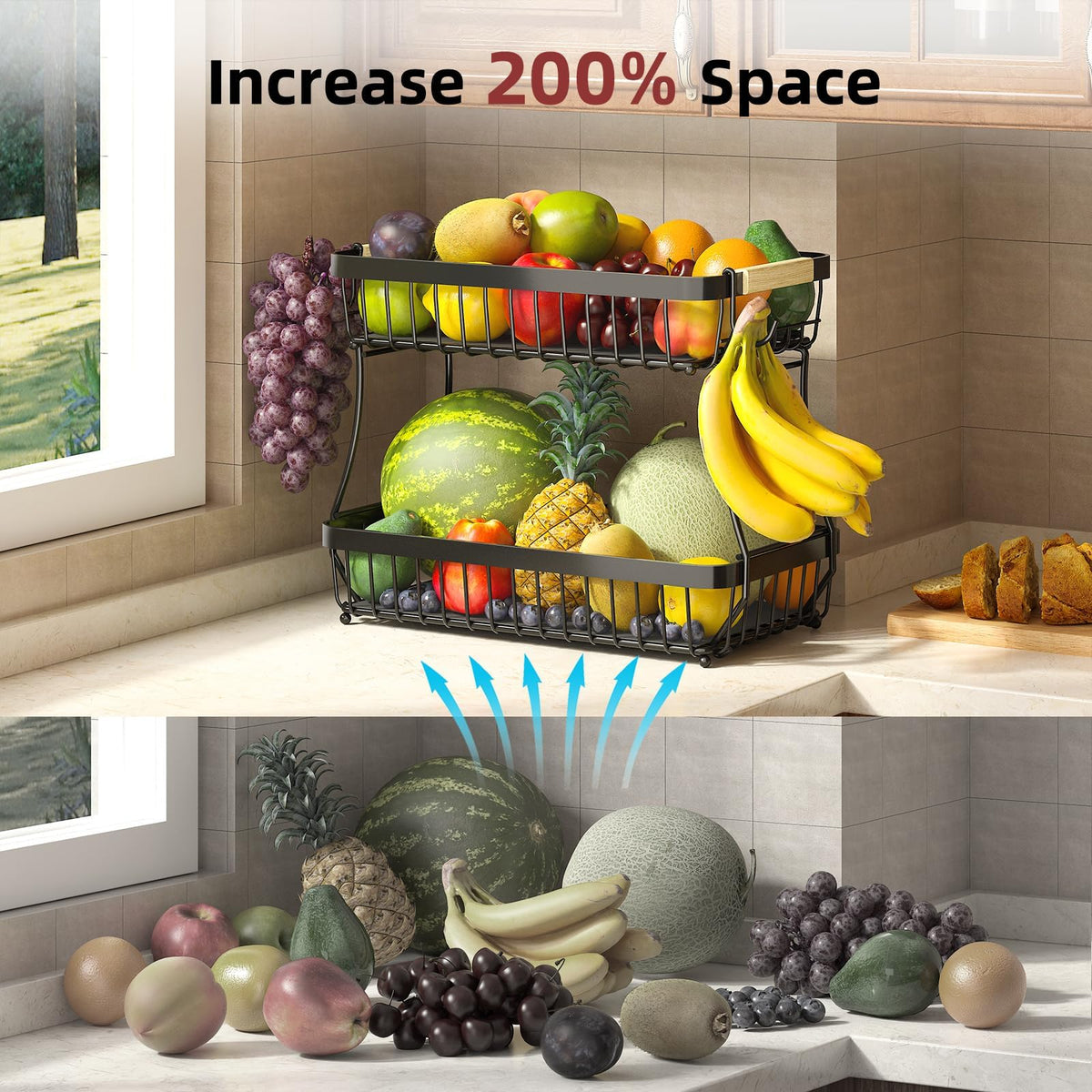 2-Tier Metal Fruit Bowl with Banana Holders