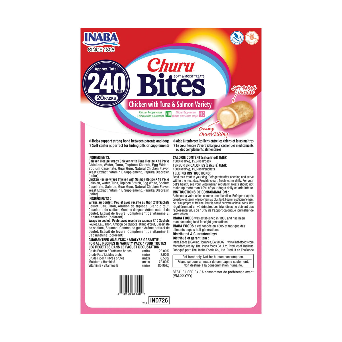 INABA Churu Bites Dog Treats, Tuna & Salmon, 20 Tubes