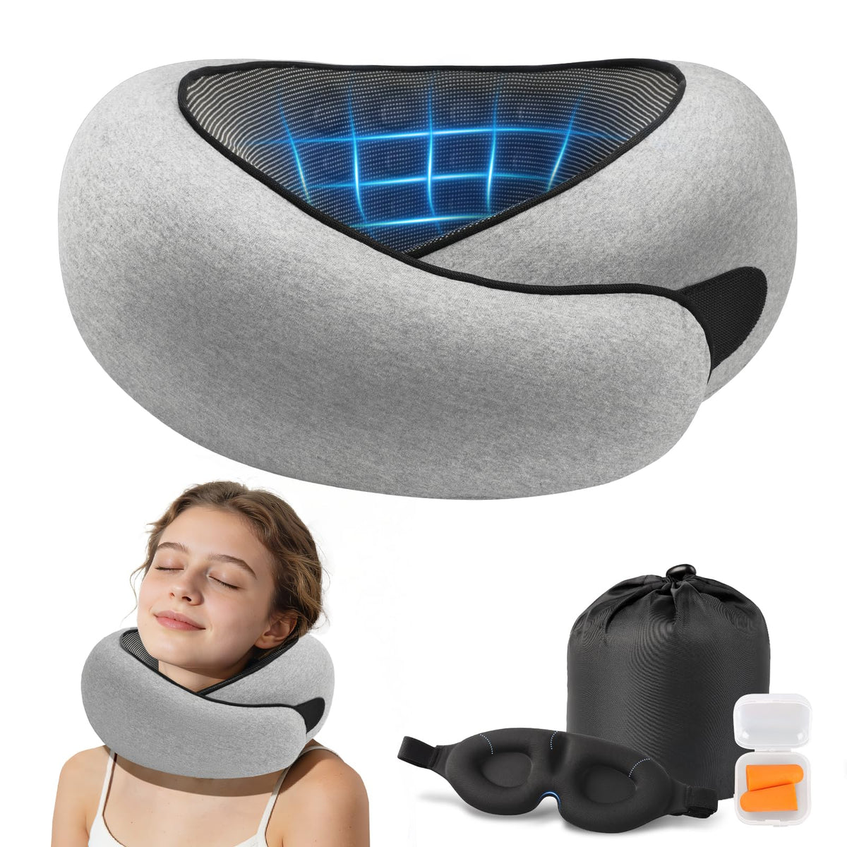 Purroch Memory Foam Travel Neck Pillow with Eye Mask, Light Grey