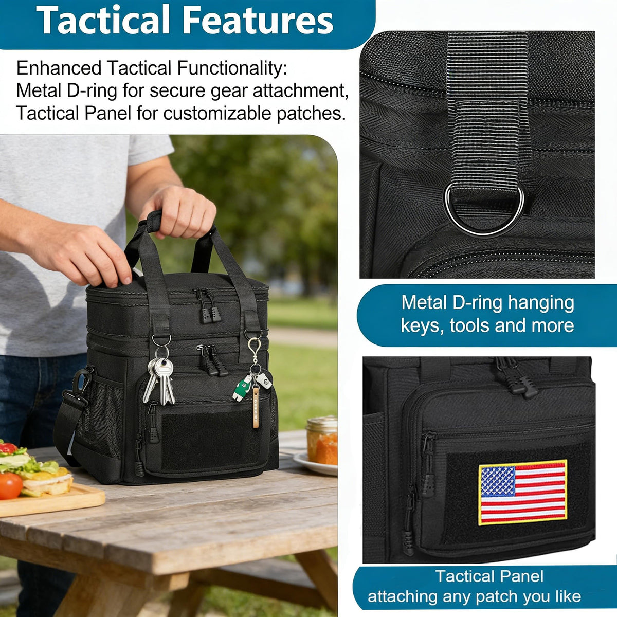 Tactical Insulated Lunch Box Cooler Bag for Men, Black, 16 L