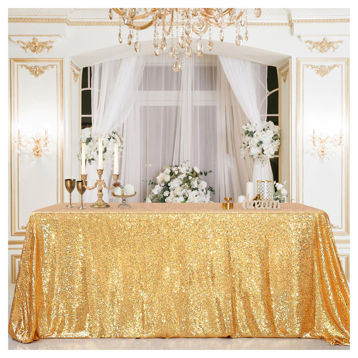 B-Cool Gold Sequin Tablecloth, 60x102 Inches, Rectangle