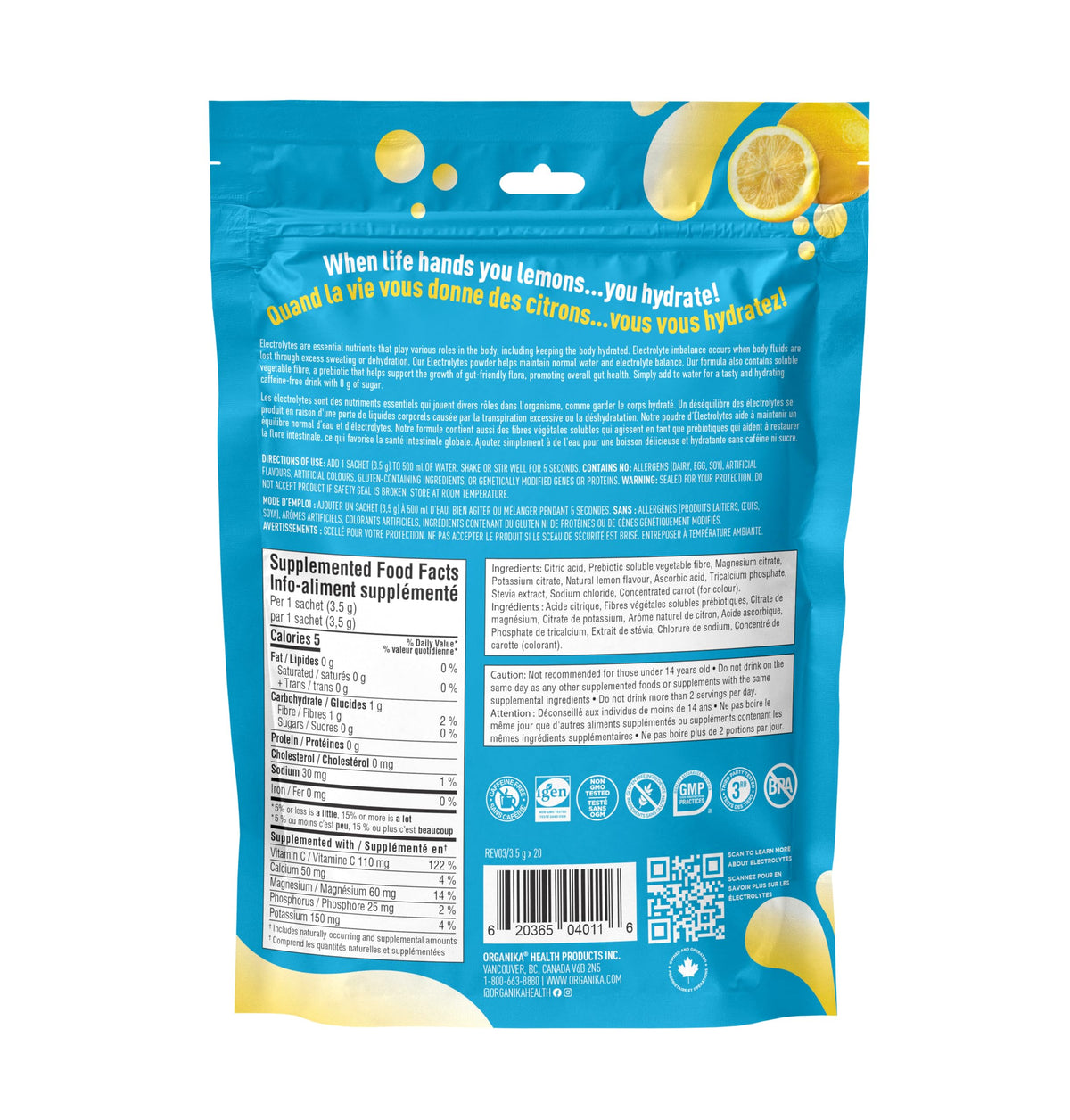 Organika Electrolytes Powder, Classic Lemonade, 20 Sachets