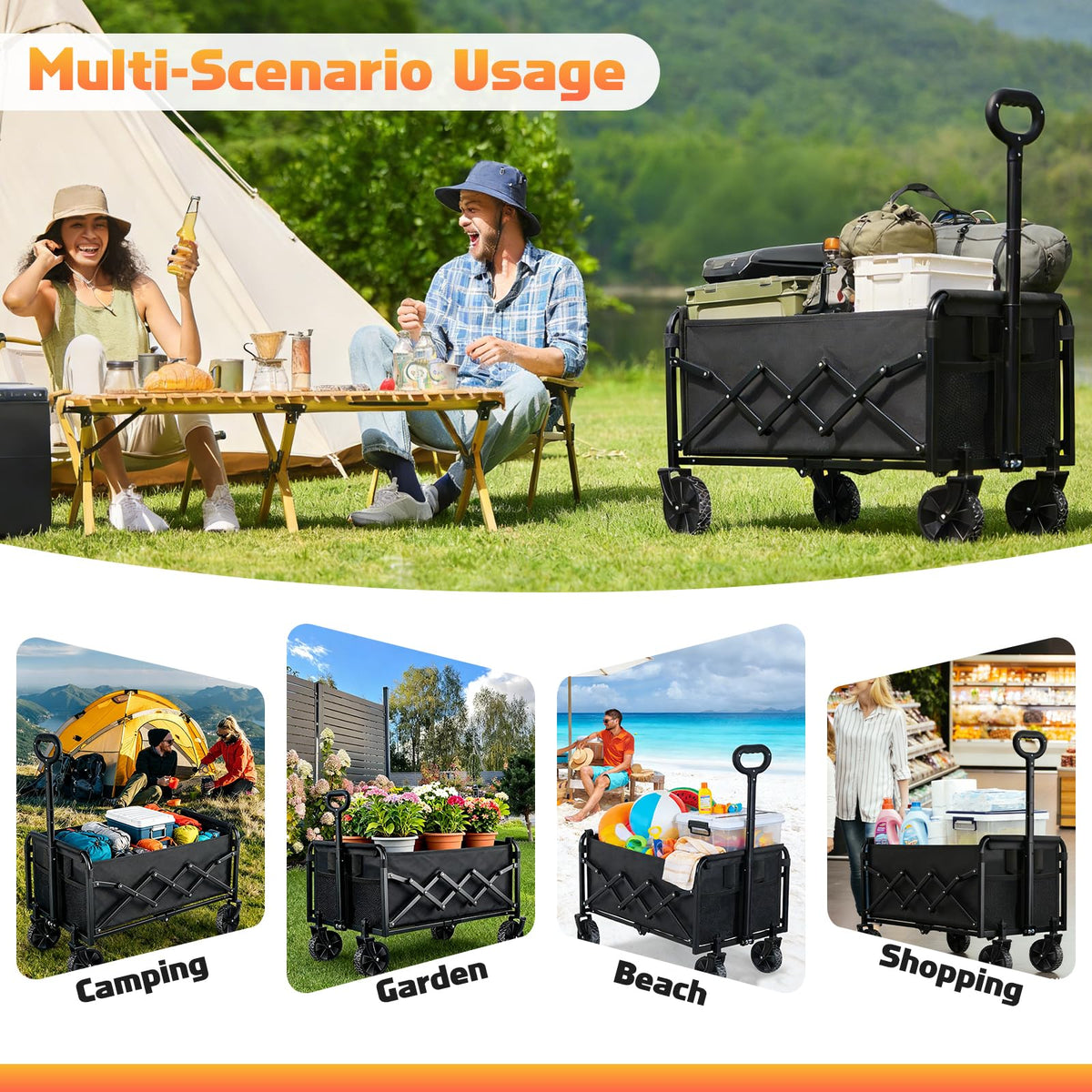 Collapsible Folding Wagon Cart, 220 lb Capacity, Black