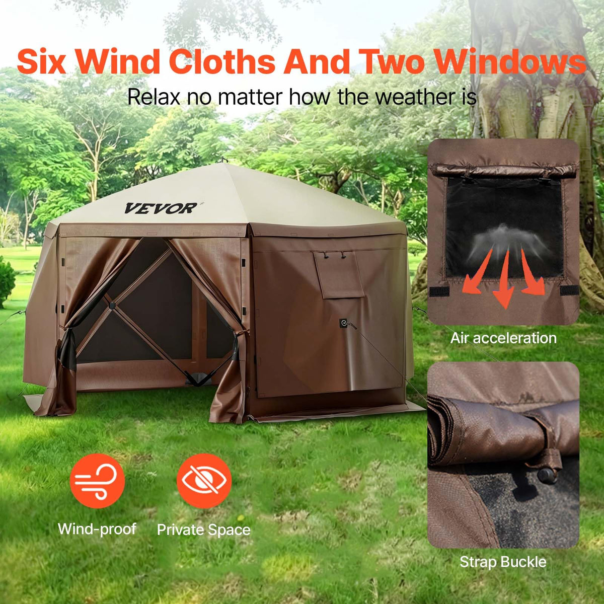 VEVOR 6-Sided Pop-Up Gazebo Screen Tent, 12' x 12', Brown & Beige