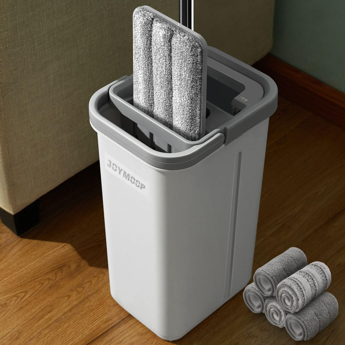 JOYMOOP Flat Floor Mop and Bucket Set with 5 Microfibre Pads