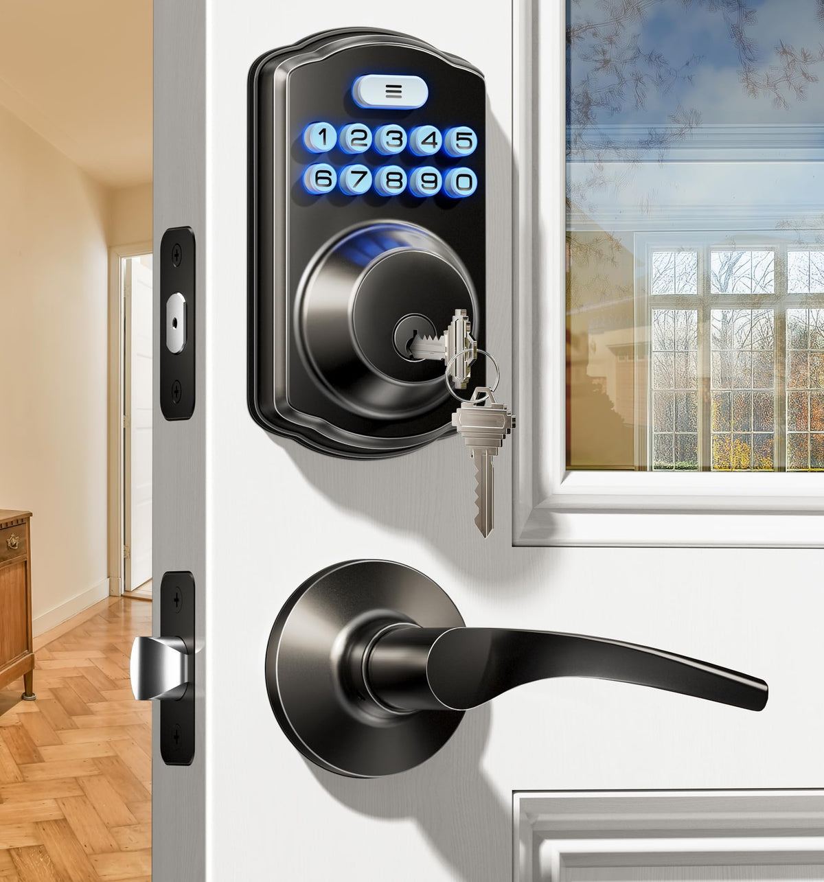 Veise KS01B Keypad Door Lock with 2 Lever Handles, Matte Black