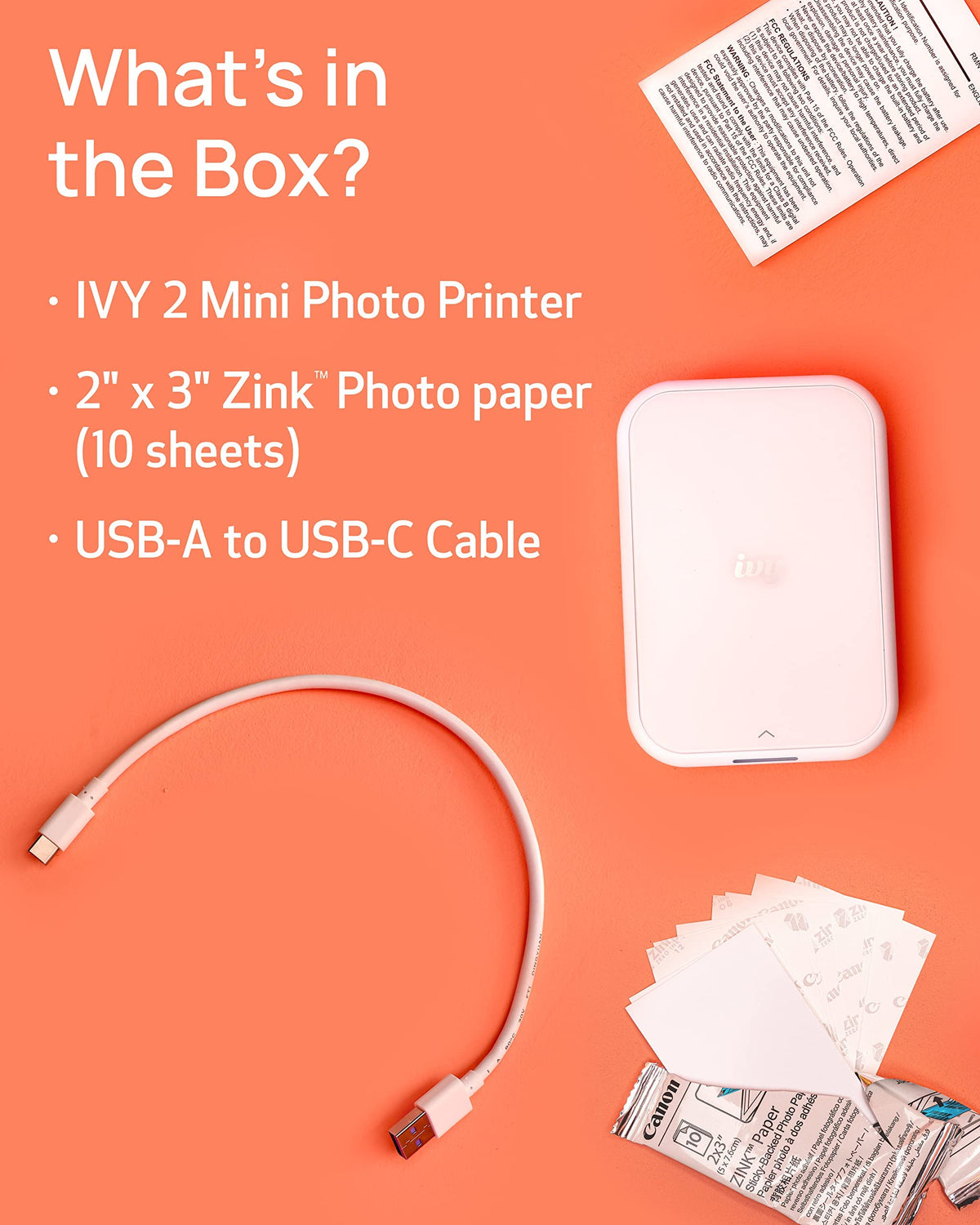 Canon Ivy 2 Mini Photo Printer Bundle, Pure White