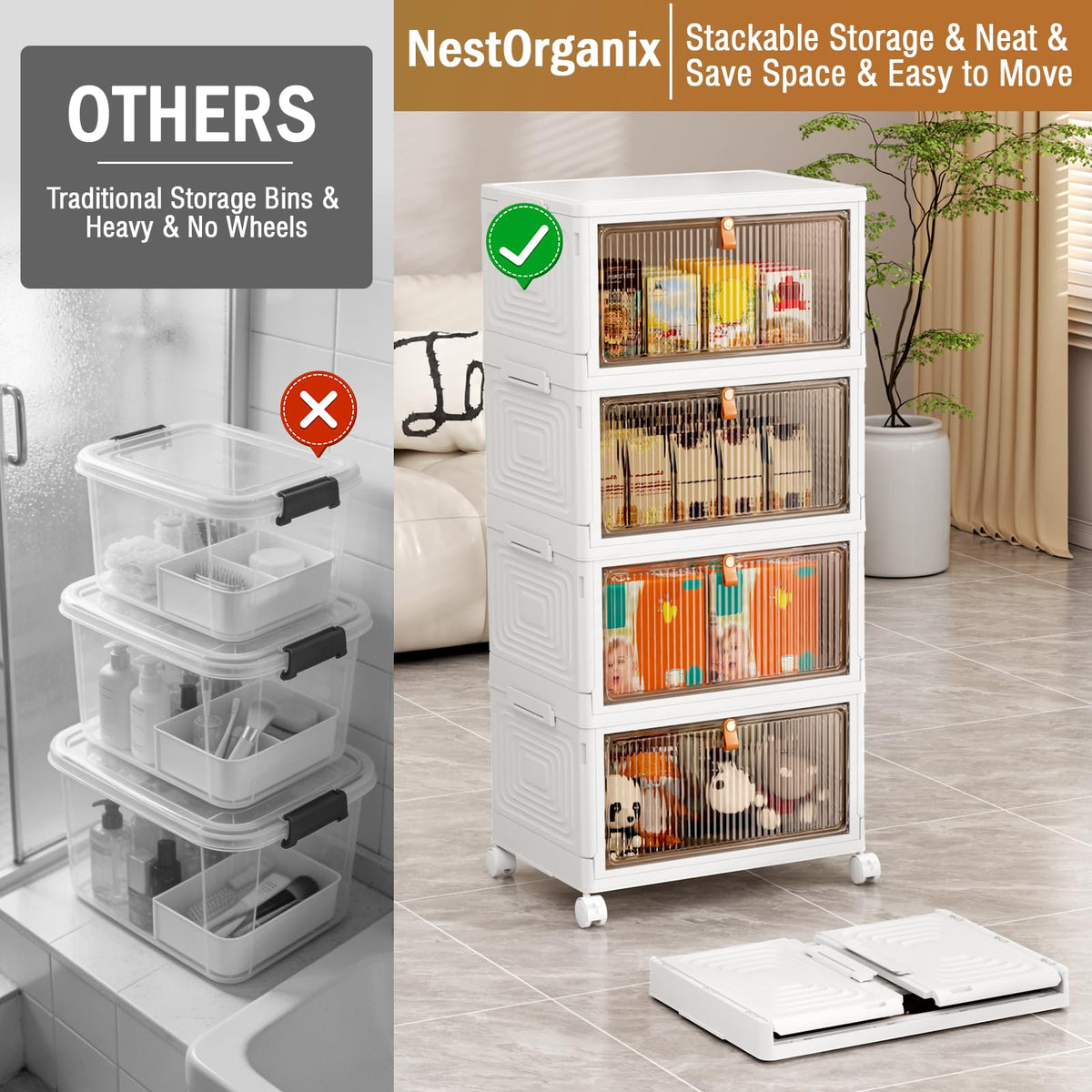 NestOrganix 4-Tier Plastic Storage Bins with Lid and Wheels, 23 QT