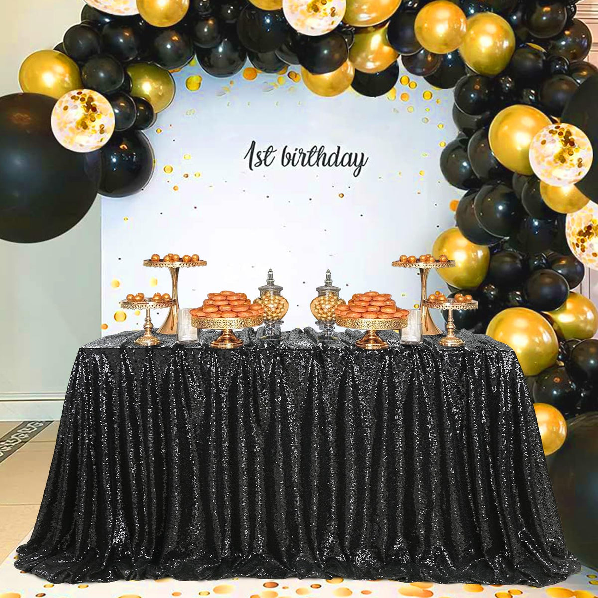 SoarDream Black Sequin Tablecloth, 90x132 Inch