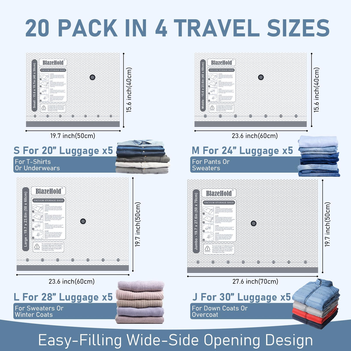 BlazeHold Travel Vacuum Bags with Rechargeable Pump, 20 Pack