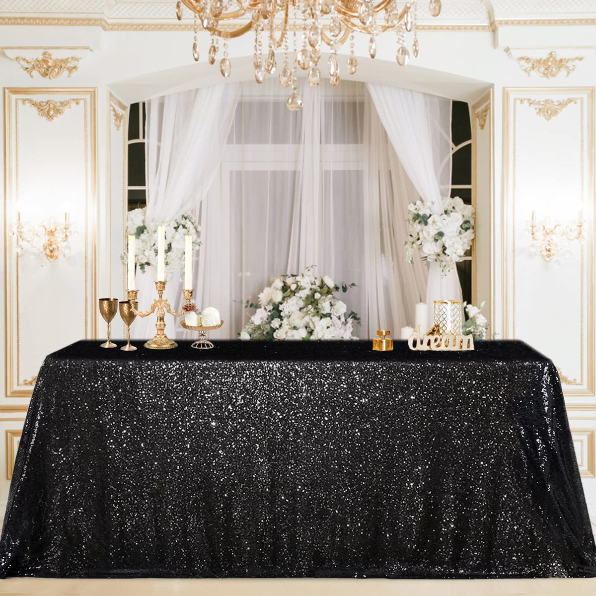 B-Cool Black Sequin Tablecloth, 60x102 Inch