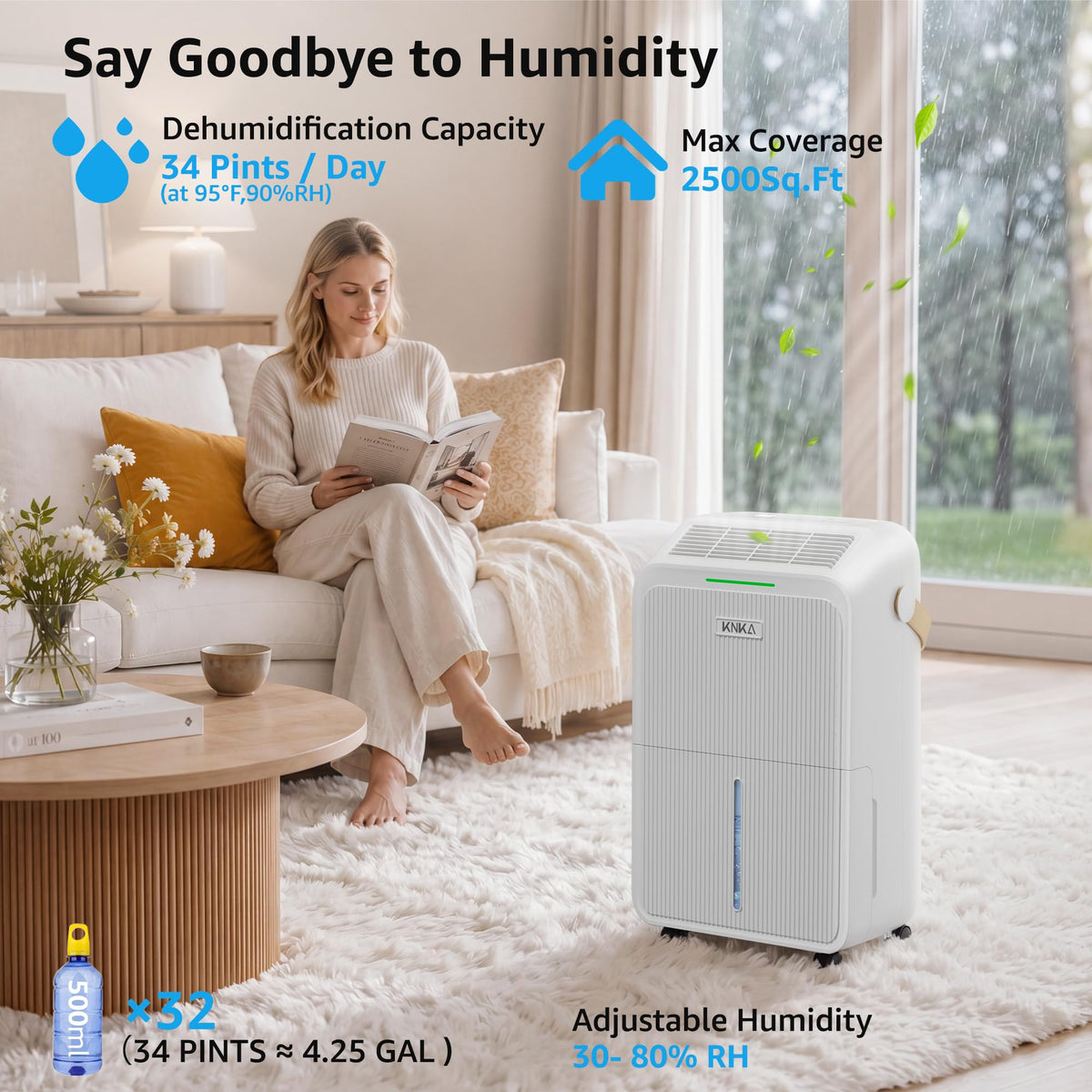 Dehumidifier for Basement with Drain Hose Max 34 Pints