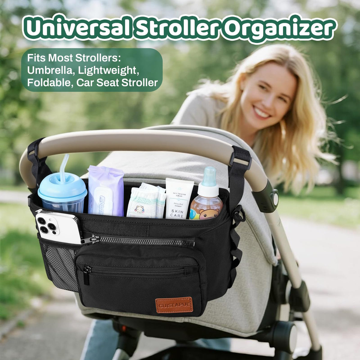 Universal Stroller Caddy Organizer with Cup Holder & Phone Bag