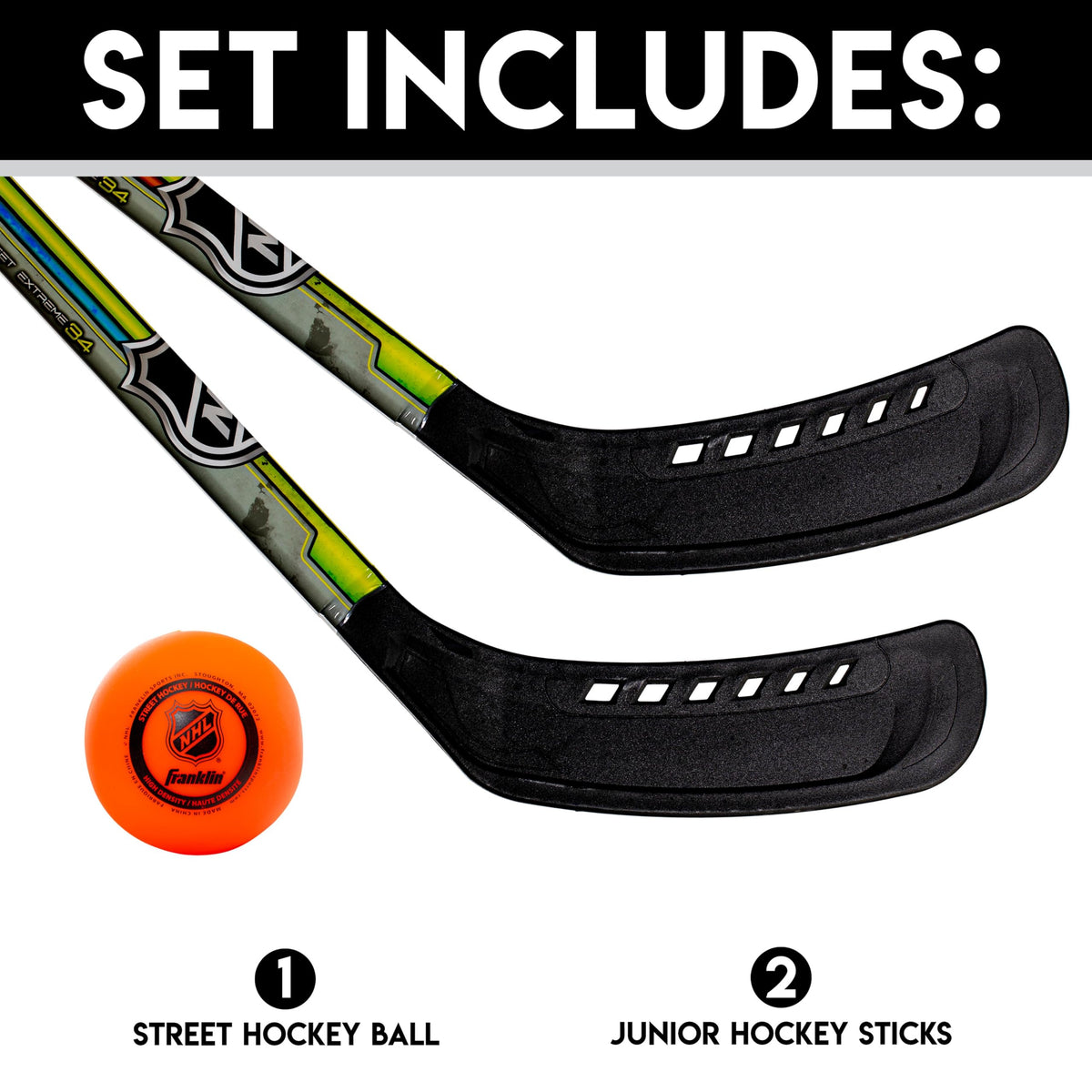 Franklin Sports Youth Street Hockey Set, 2 Sticks and 1 Ball
