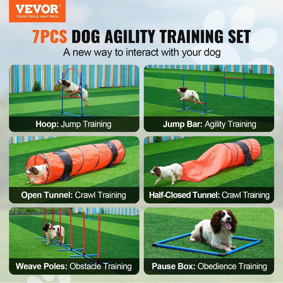 VEVOR Dog Agility Training Equipment, 7 PCS Set with Hurdles, Tunnels