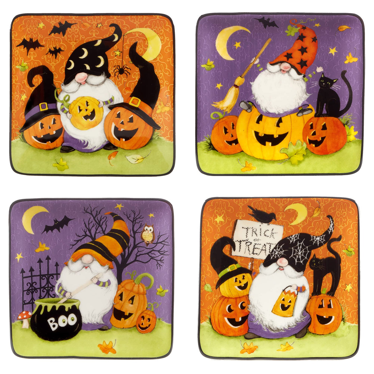 Certified International Halloween Gnomes Square Plates, 6", Set of 4
