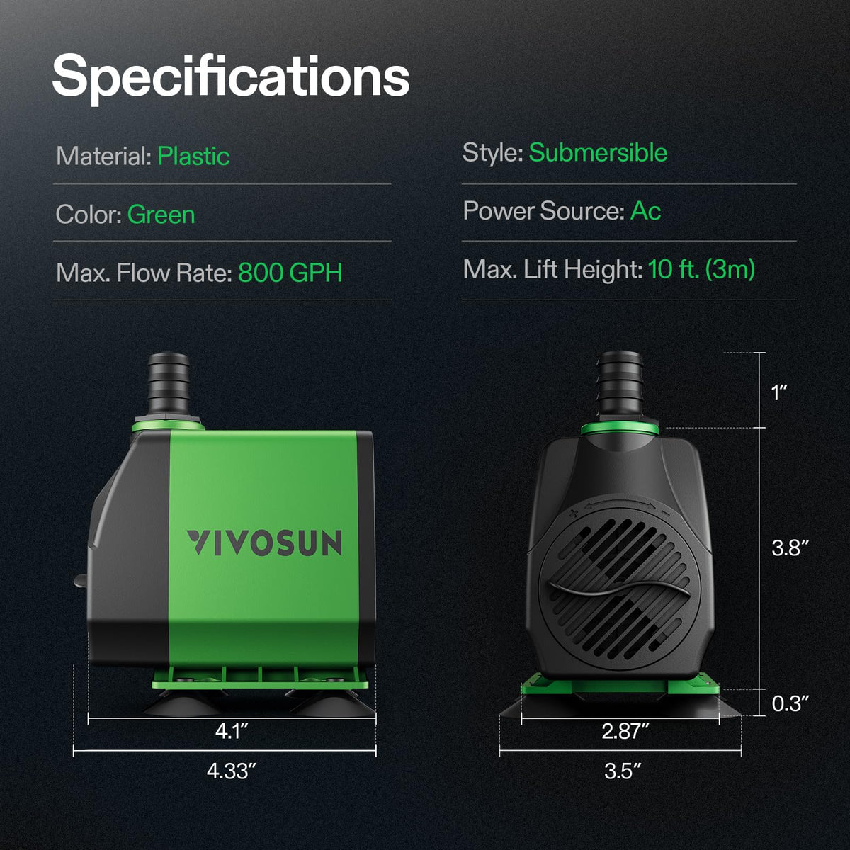VIVOSUN 800 GPH Submersible Water Pump, 24W