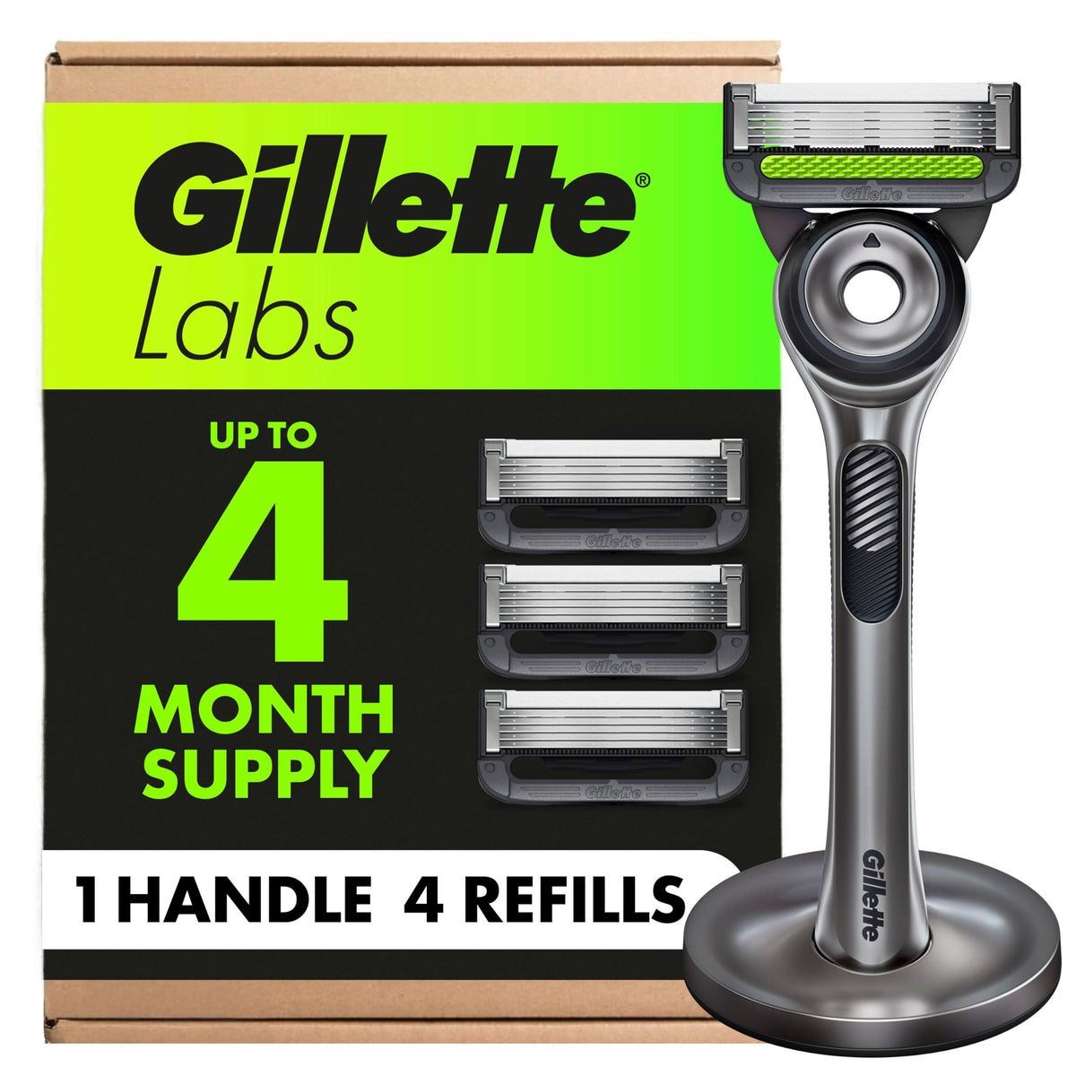 Gillette Labs Exfoliating Razors for Men, 1 Handle + 4 Refills + Stand