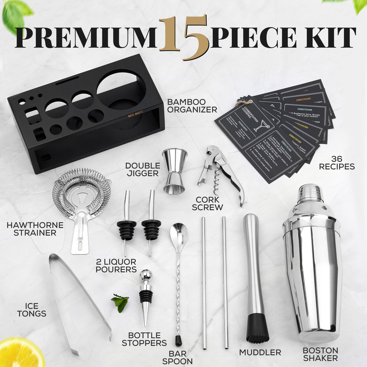 Mixology Bartender Kit with Stand, 15 Piece Bar Tool Set, Silver