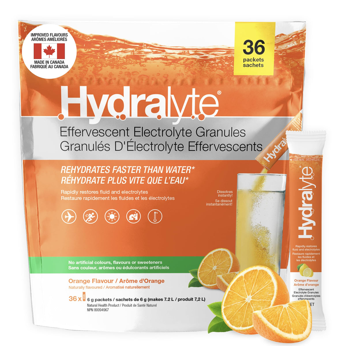 HydraLyte Electrolyte Powder, Orange Flavour, 36 Servings